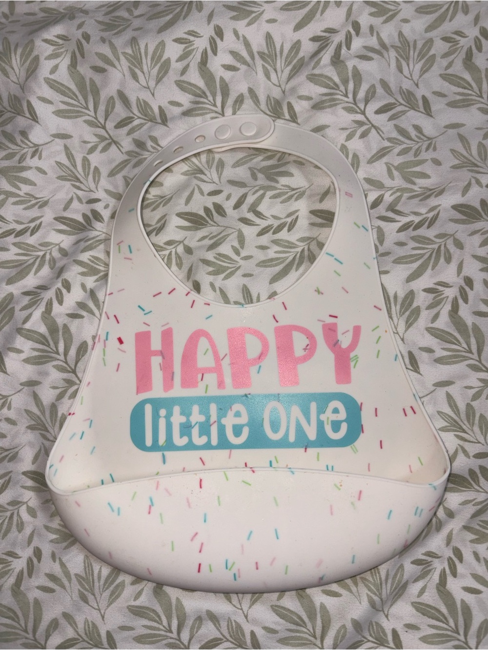 Happy Little One Silicone Baby Bib - White with Pink & Blue
